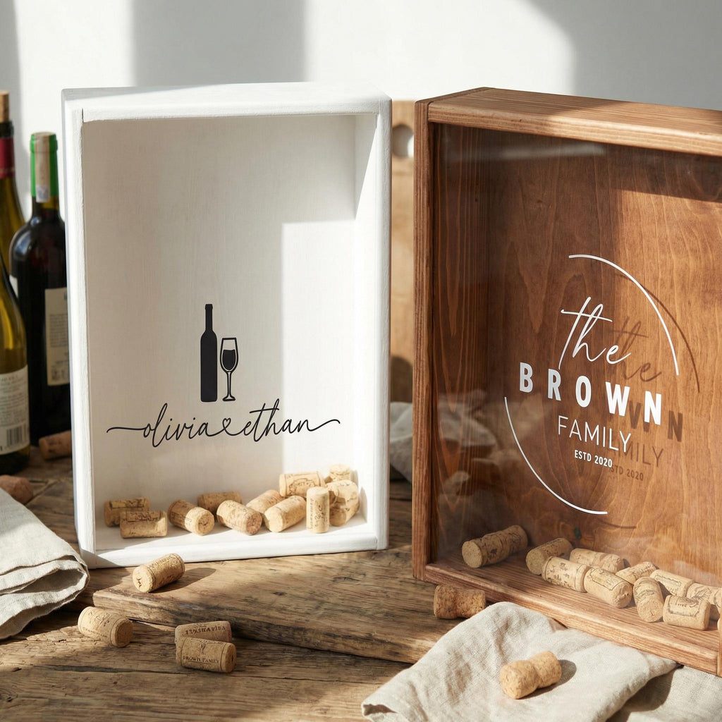 Oak Wine Cork Holder Box, Drop Slot Keepsake Display