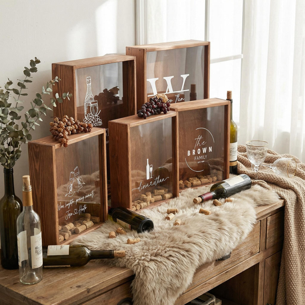 Oak Wine Cork Holder Box, Drop Slot Keepsake Display