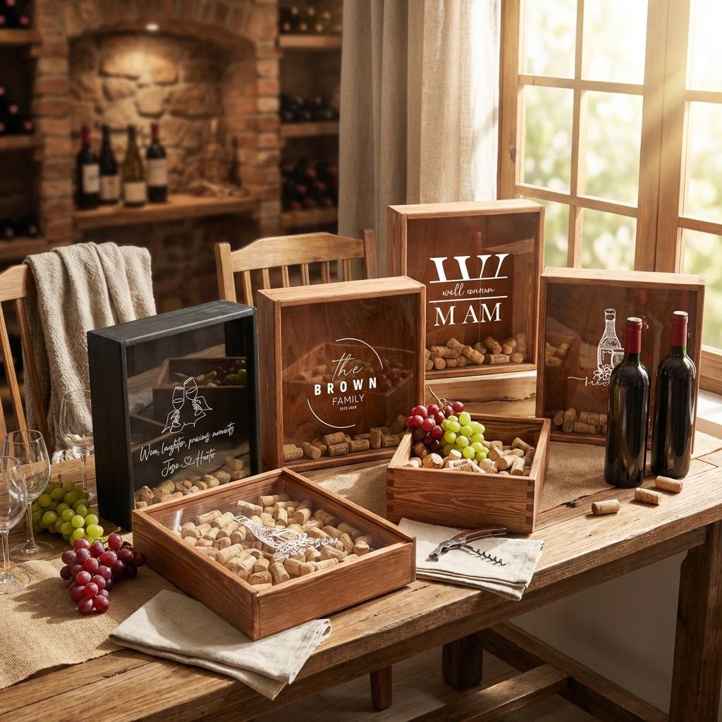 Oak Wine Cork Holder Box, Drop Slot Keepsake Display