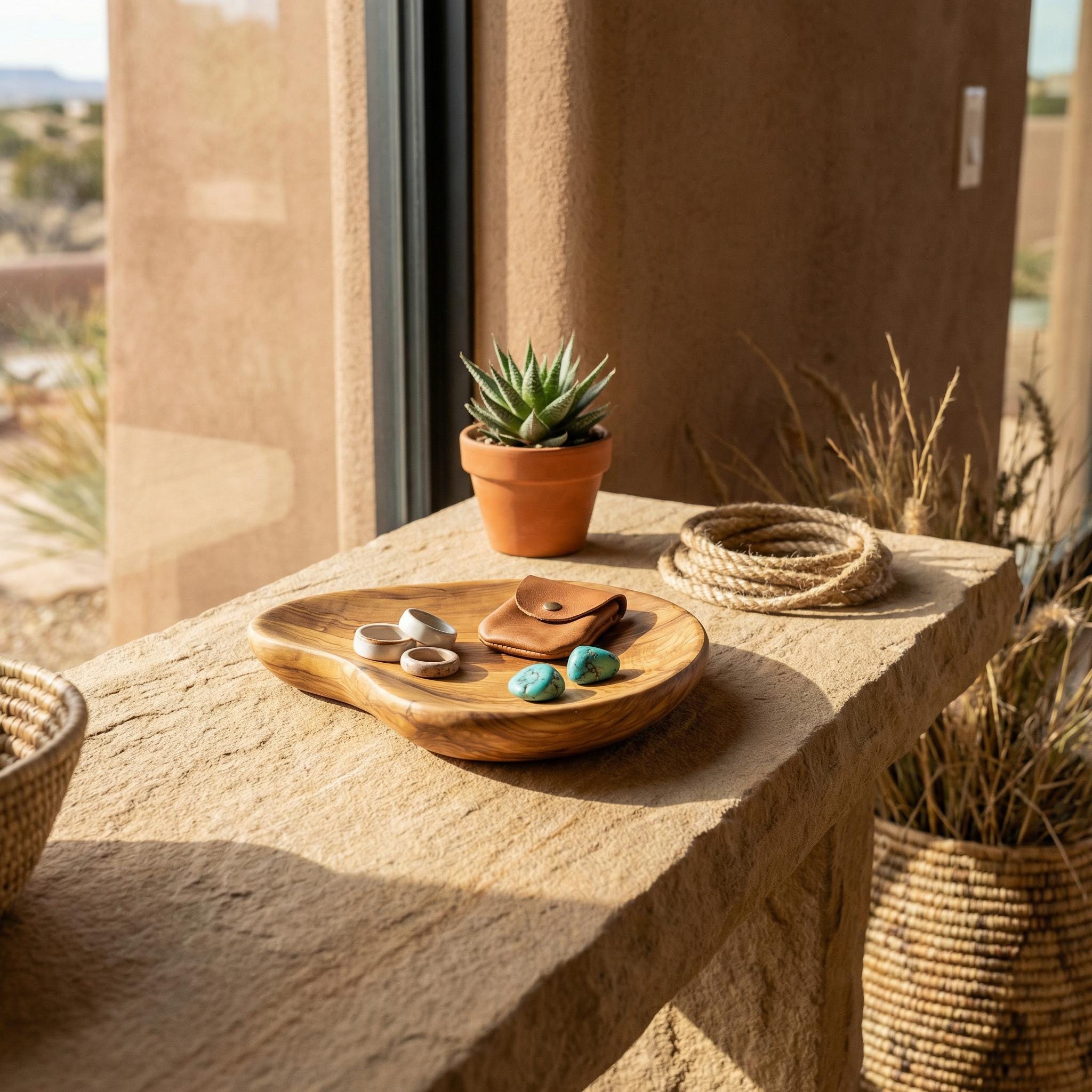 Olive Wood Organizer Tray, Catchall Dish for Keys Jewelry, Entryway Valet Bowl, 30x24cm