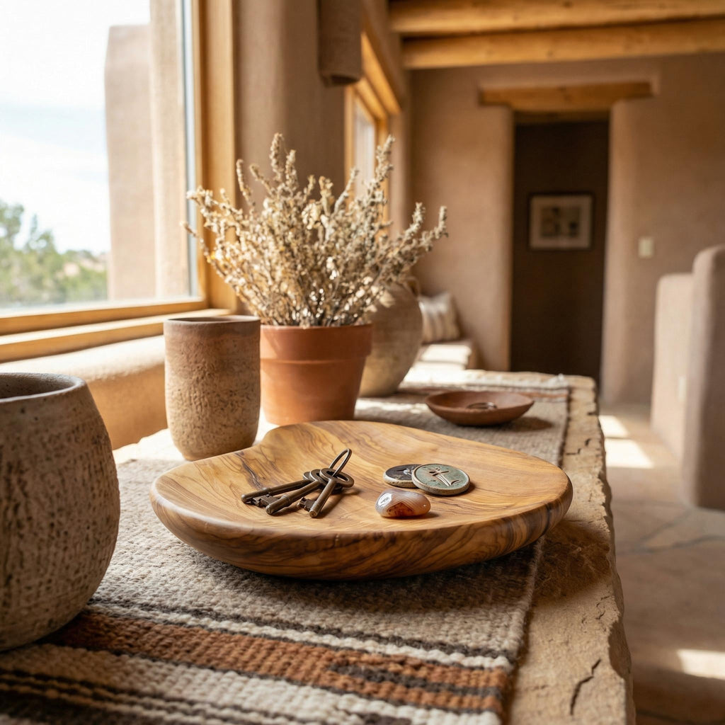 Olive Wood Organizer Tray, Catchall Dish for Keys Jewelry, Entryway Valet Bowl, 30x24cm