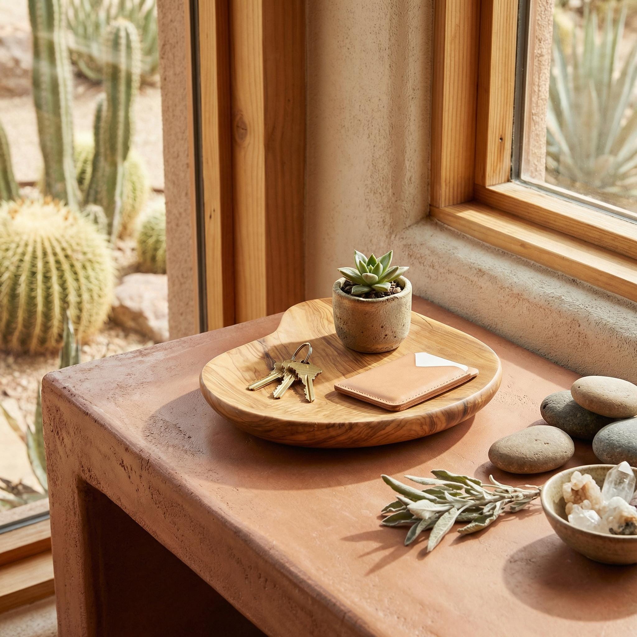 Olive Wood Organizer Tray, Catchall Dish for Keys Jewelry, Entryway Valet Bowl, 30x24cm