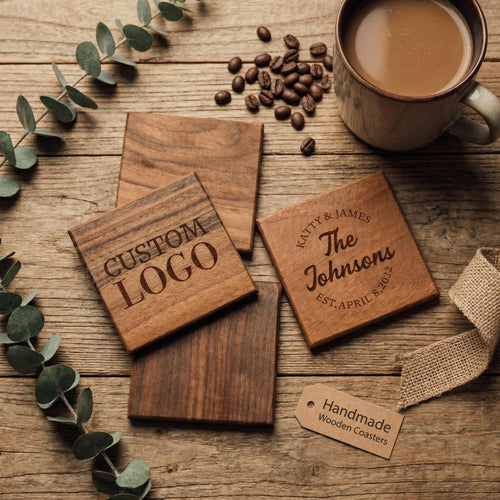 Walnut Coasters Set with Custom Engraving, Square Drink Coaster, Housewarming Gift
