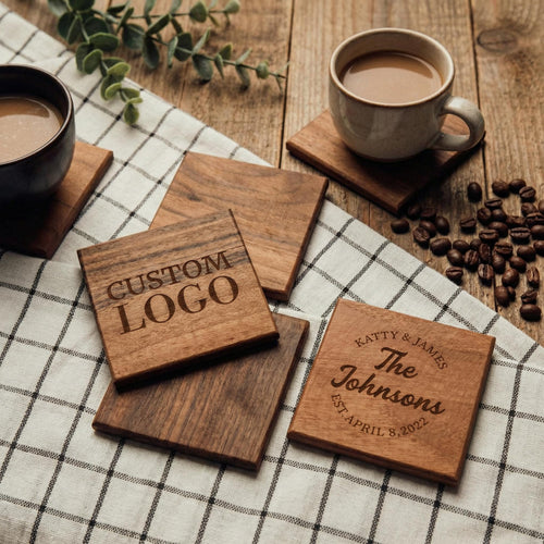 Walnut Coasters Set with Custom Engraving, Square Drink Coaster, Housewarming Gift