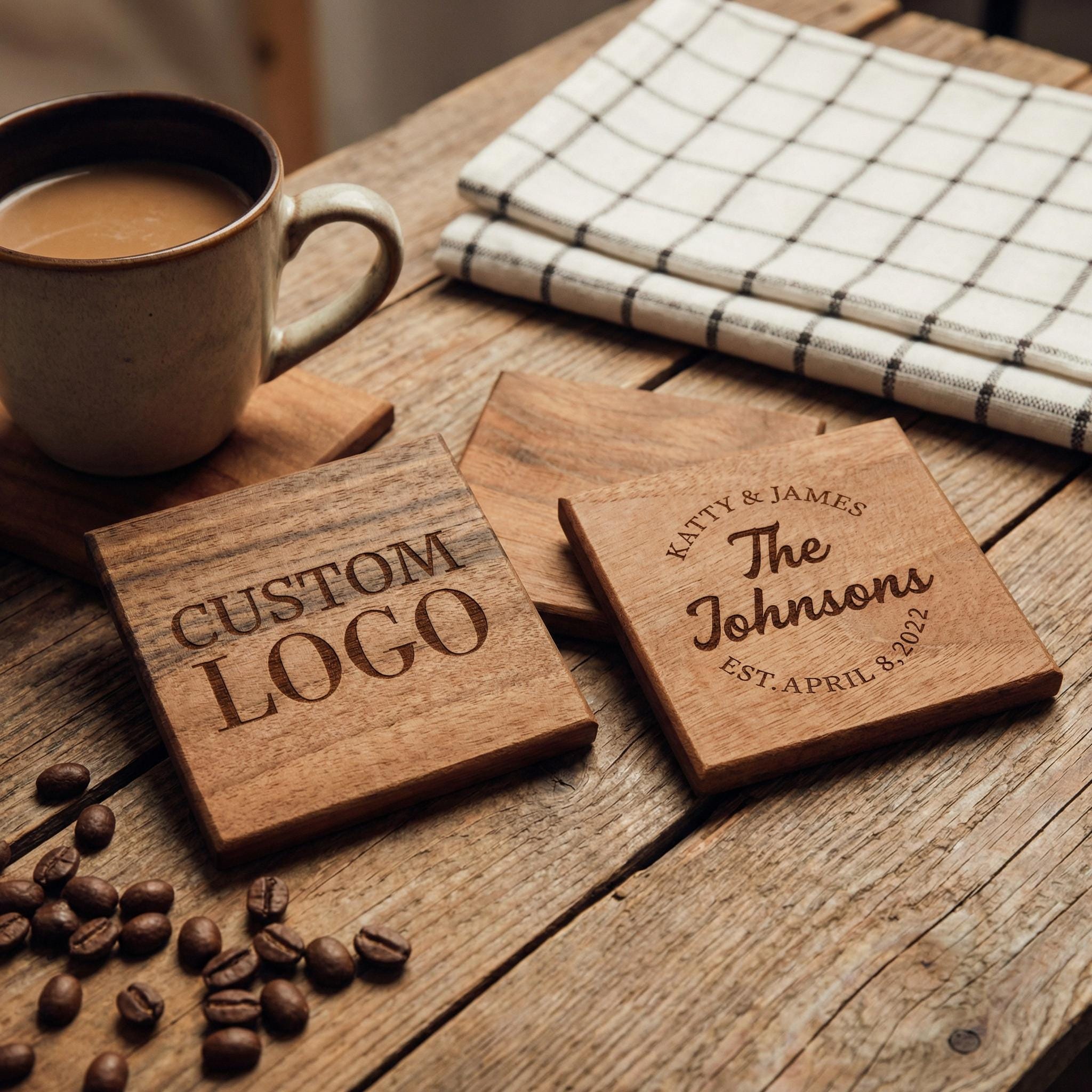 Walnut Coasters Set with Custom Engraving, Square Drink Coaster, Housewarming Gift