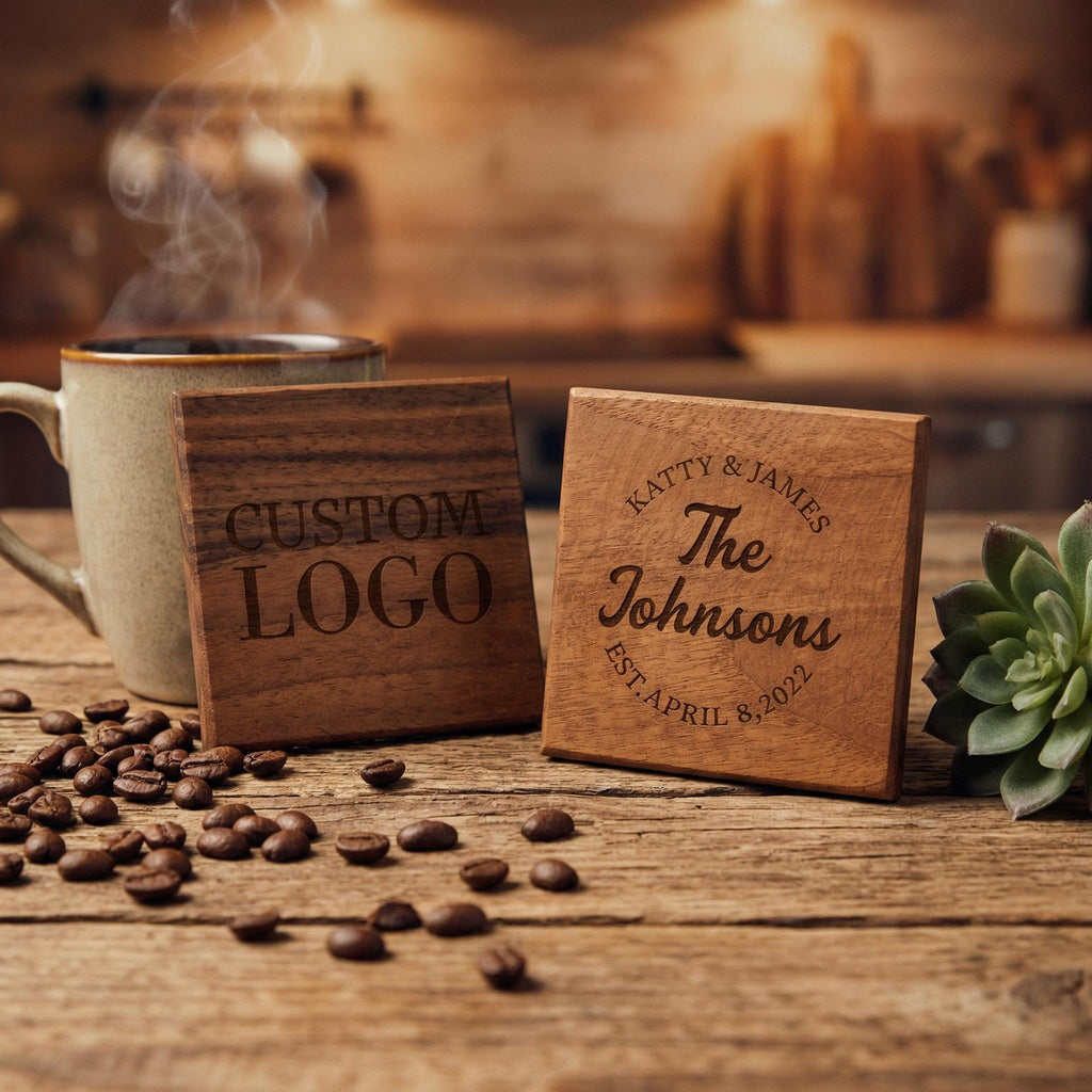 Walnut Coasters Set with Custom Engraving, Square Drink Coaster, Housewarming Gift