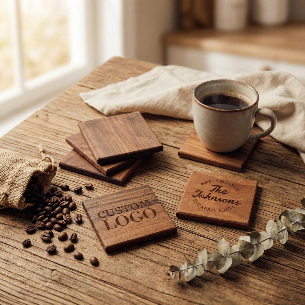 Walnut Coasters Set with Custom Engraving, Square Drink Coaster, Housewarming Gift