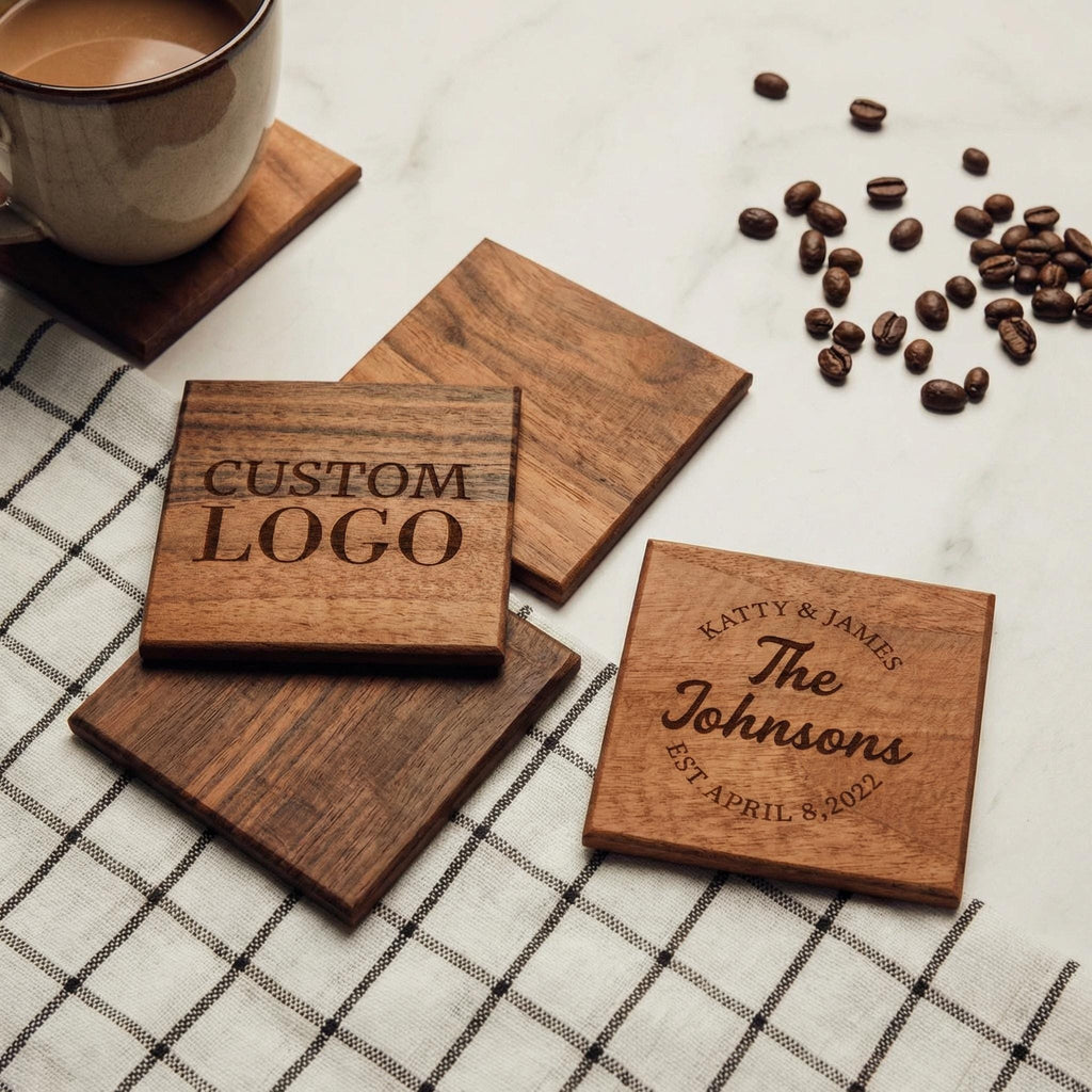 Walnut Coasters Set with Custom Engraving, Square Drink Coaster, Housewarming Gift