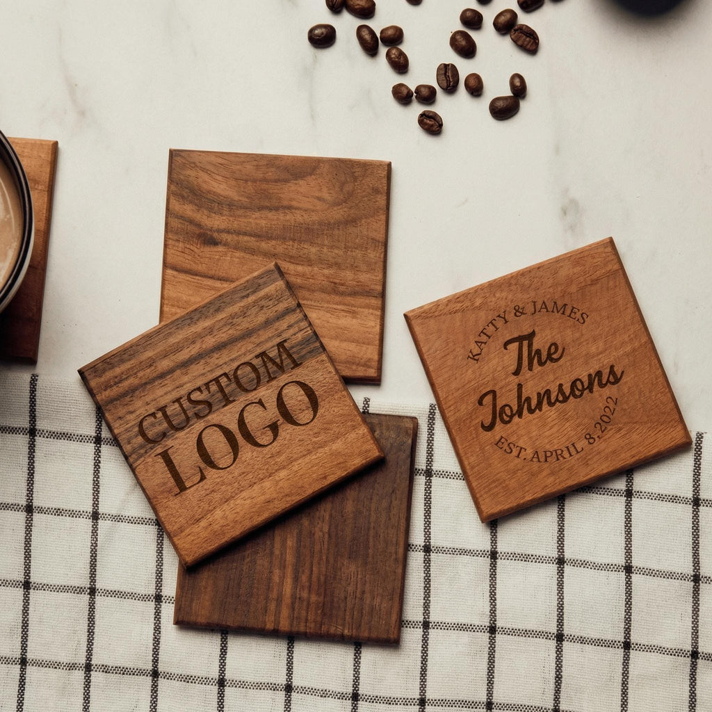 Walnut Coasters Set with Custom Engraving, Square Drink Coaster, Housewarming Gift