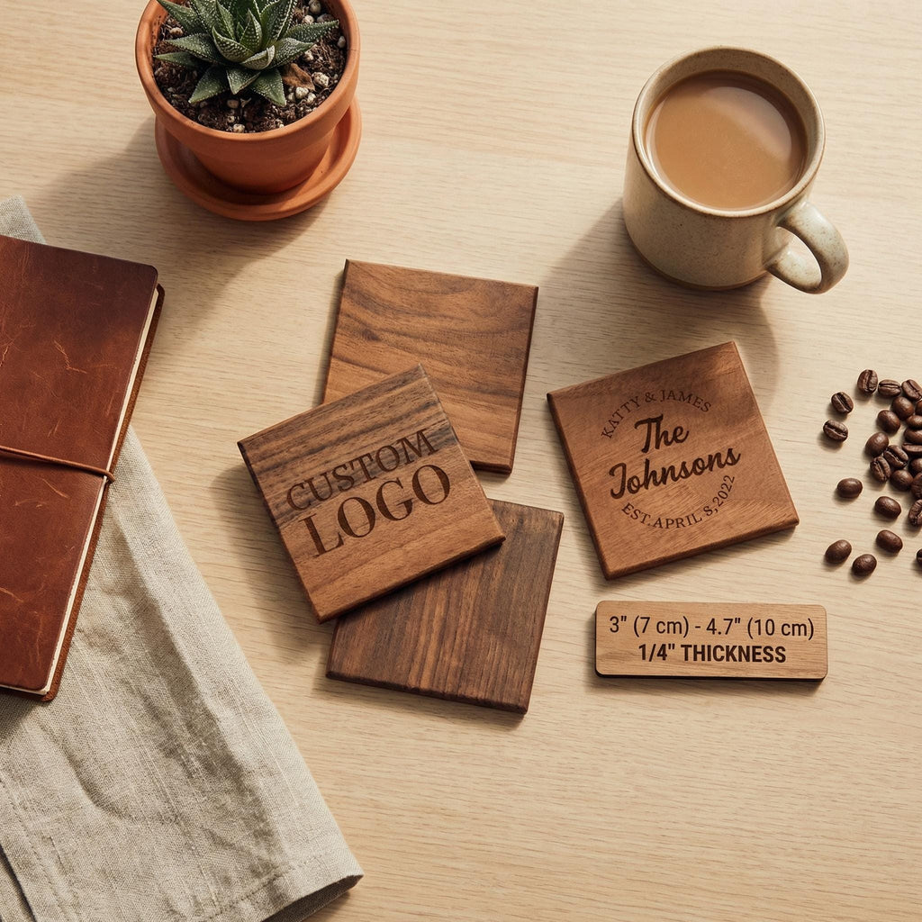 Walnut Coasters Set with Custom Engraving, Square Drink Coaster, Housewarming Gift