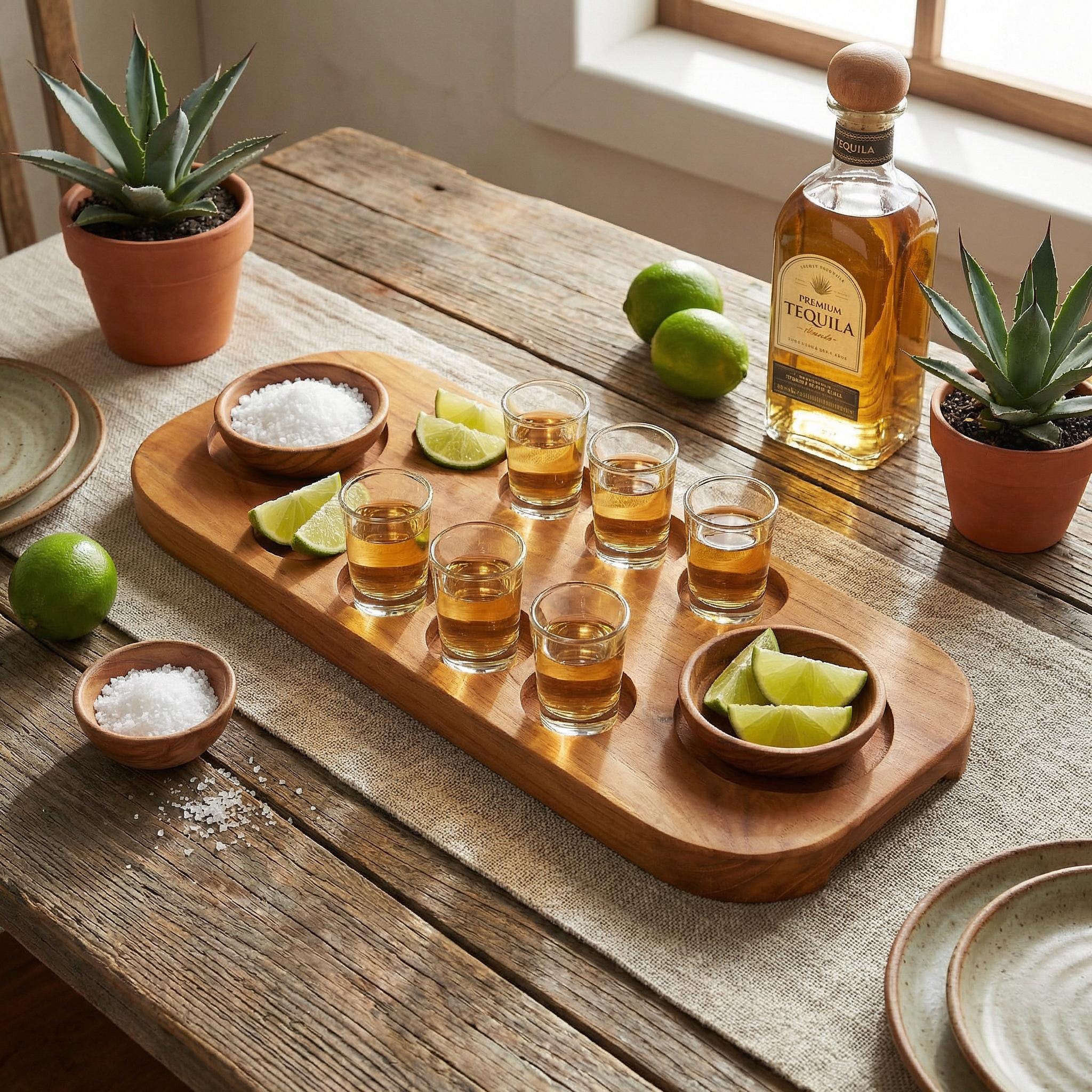 Walnut Tequila Shot Board with Lime Salt Wells, 6-12 Shot Glass Holder Serving Tray