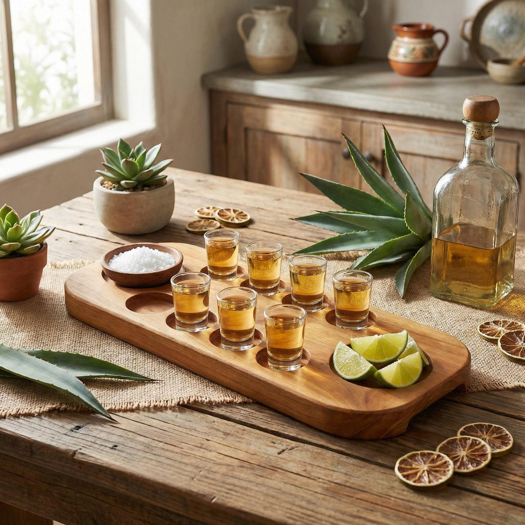 Walnut Tequila Shot Board with Lime Salt Wells, 6-12 Shot Glass Holder Serving Tray