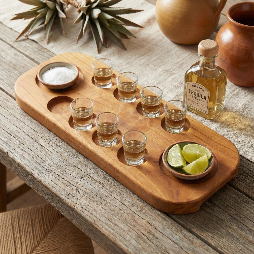 Walnut Tequila Shot Board with Lime Salt Wells, 6-12 Shot Glass Holder Serving Tray