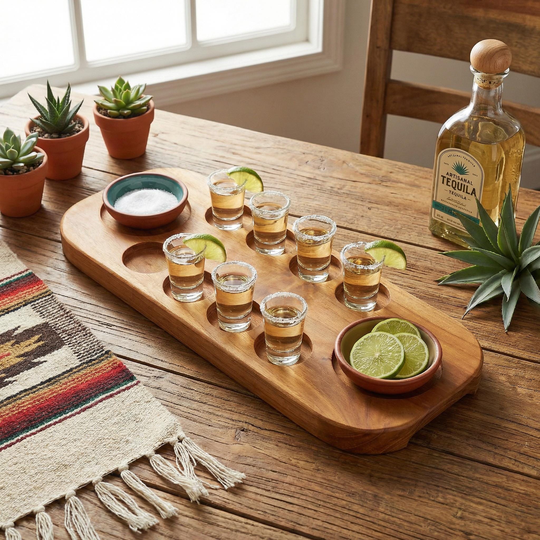Walnut Tequila Shot Board with Lime Salt Wells, 6-12 Shot Glass Holder Serving Tray