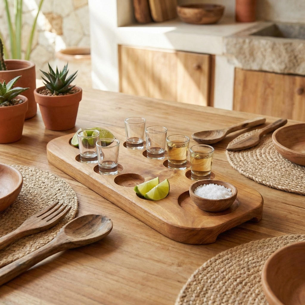 Walnut Tequila Shot Board with Lime Salt Wells, 6-12 Shot Glass Holder Serving Tray