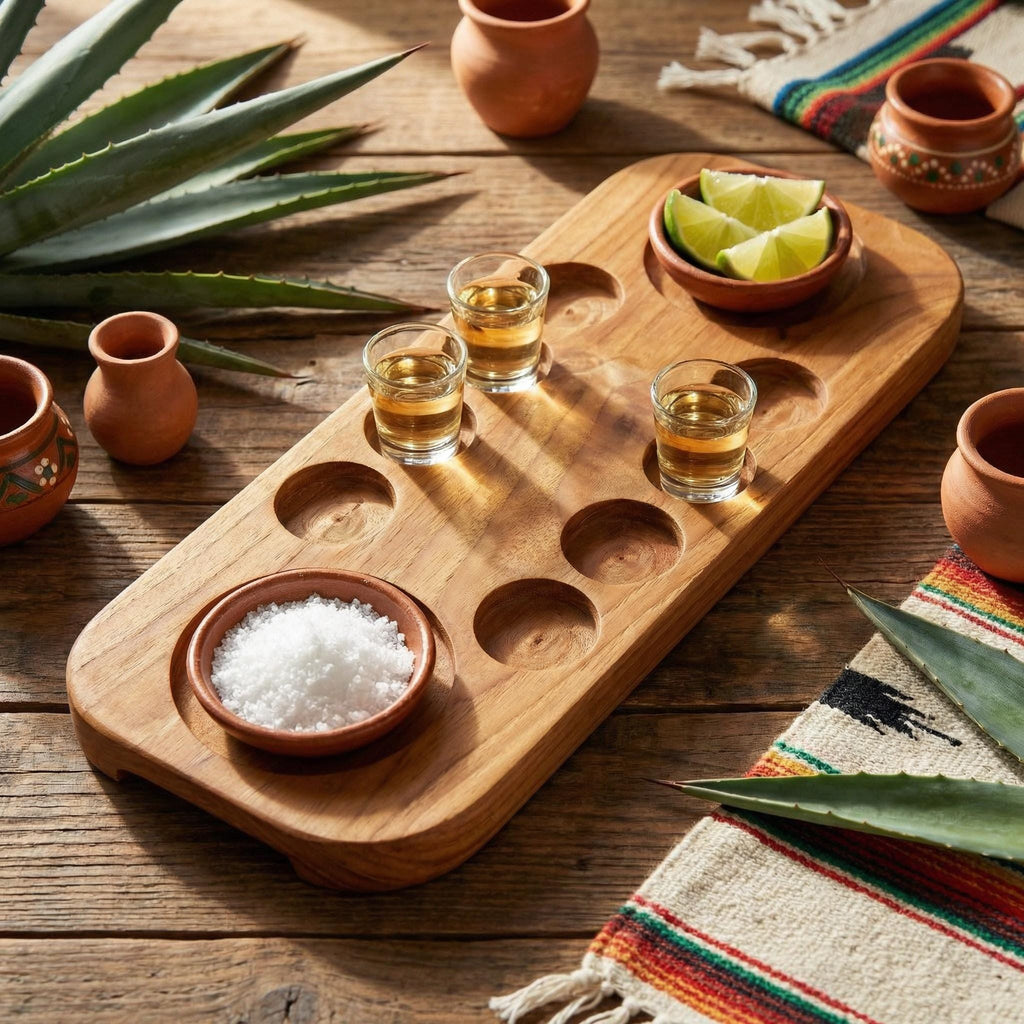 Walnut Tequila Shot Board with Lime Salt Wells, 6-12 Shot Glass Holder Serving Tray