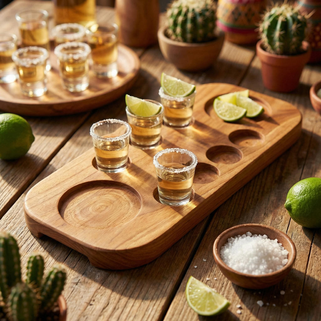 Walnut Tequila Shot Board with Lime Salt Wells, 6-12 Shot Glass Holder Serving Tray