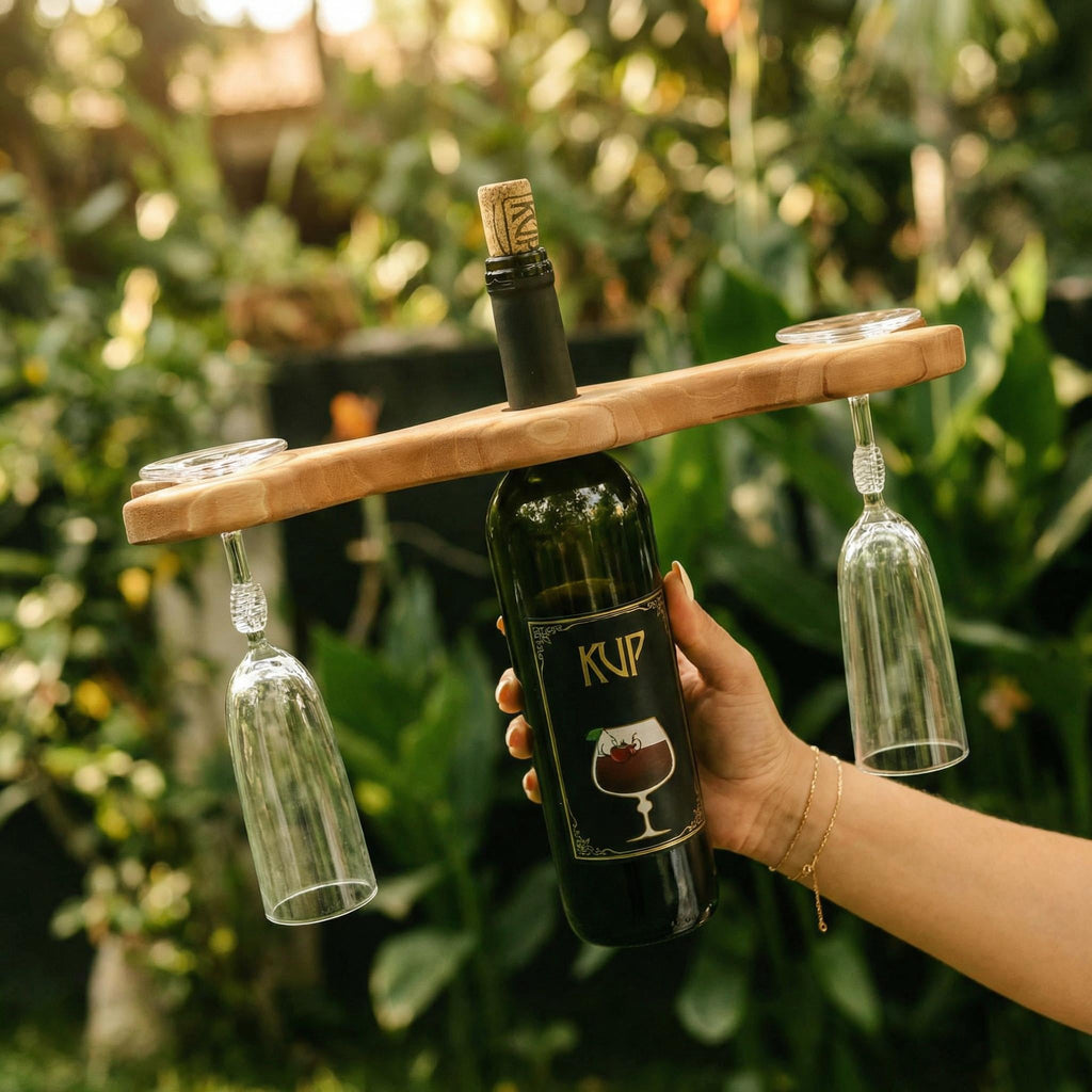 Walnut Wine Glass Holder for Bottle, Two Stemware Rack, Bar Cart Accessory Gift