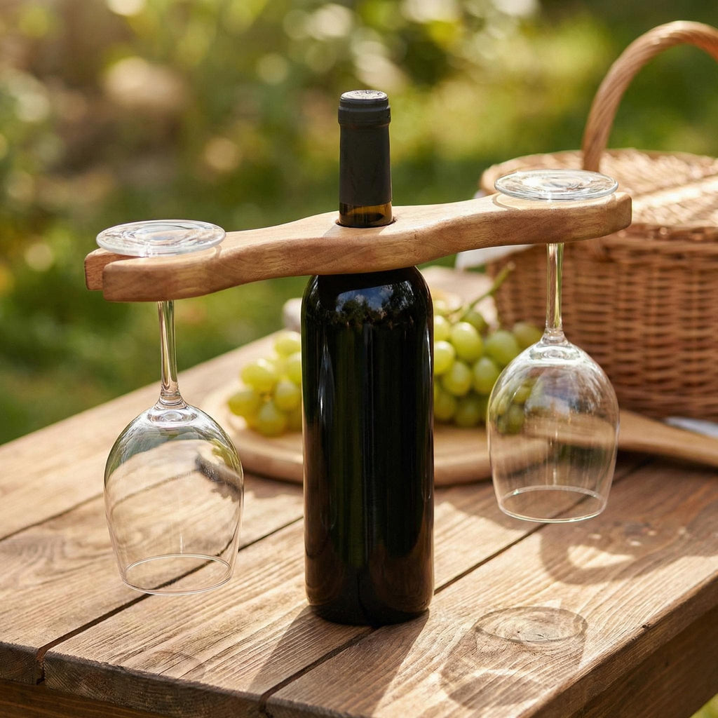 Walnut Wine Glass Holder for Bottle, Two Stemware Rack, Bar Cart Accessory Gift