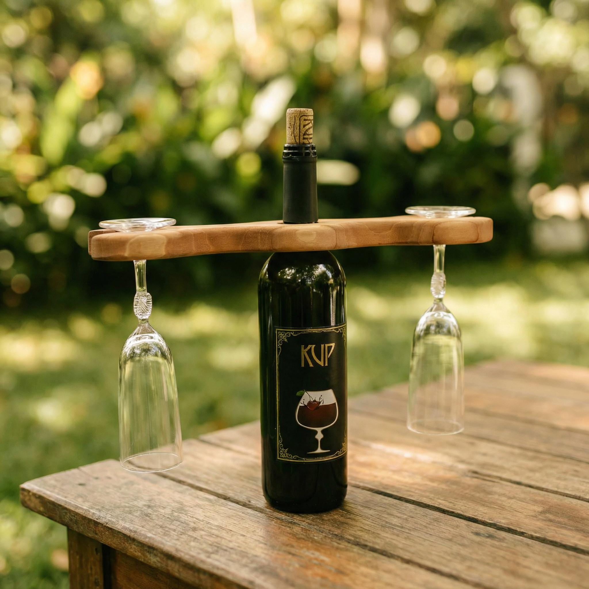 Walnut Wine Glass Holder for Bottle, Two Stemware Rack, Bar Cart Accessory Gift