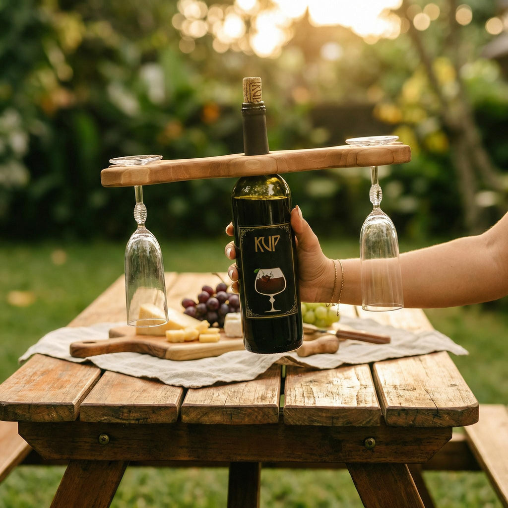 Walnut Wine Glass Holder for Bottle, Two Stemware Rack, Bar Cart Accessory Gift