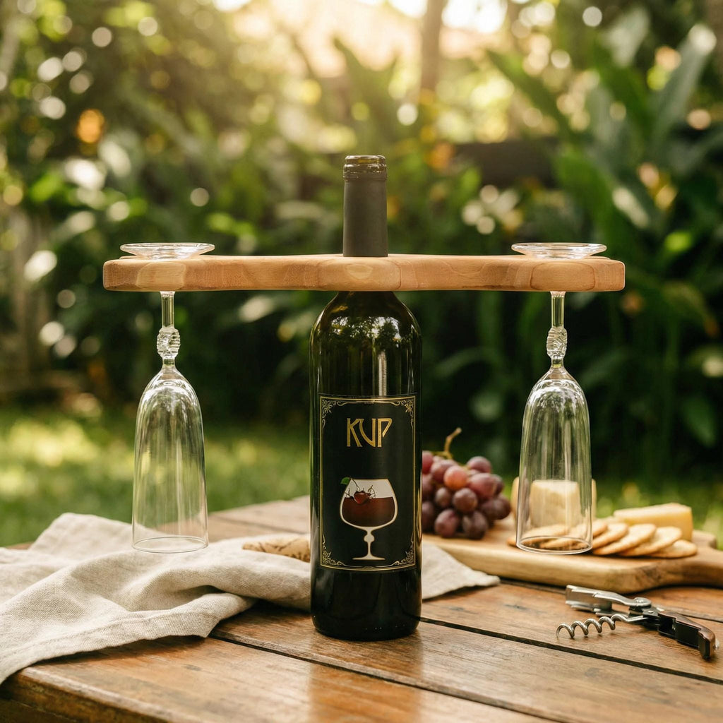 Walnut Wine Glass Holder for Bottle, Two Stemware Rack, Bar Cart Accessory Gift