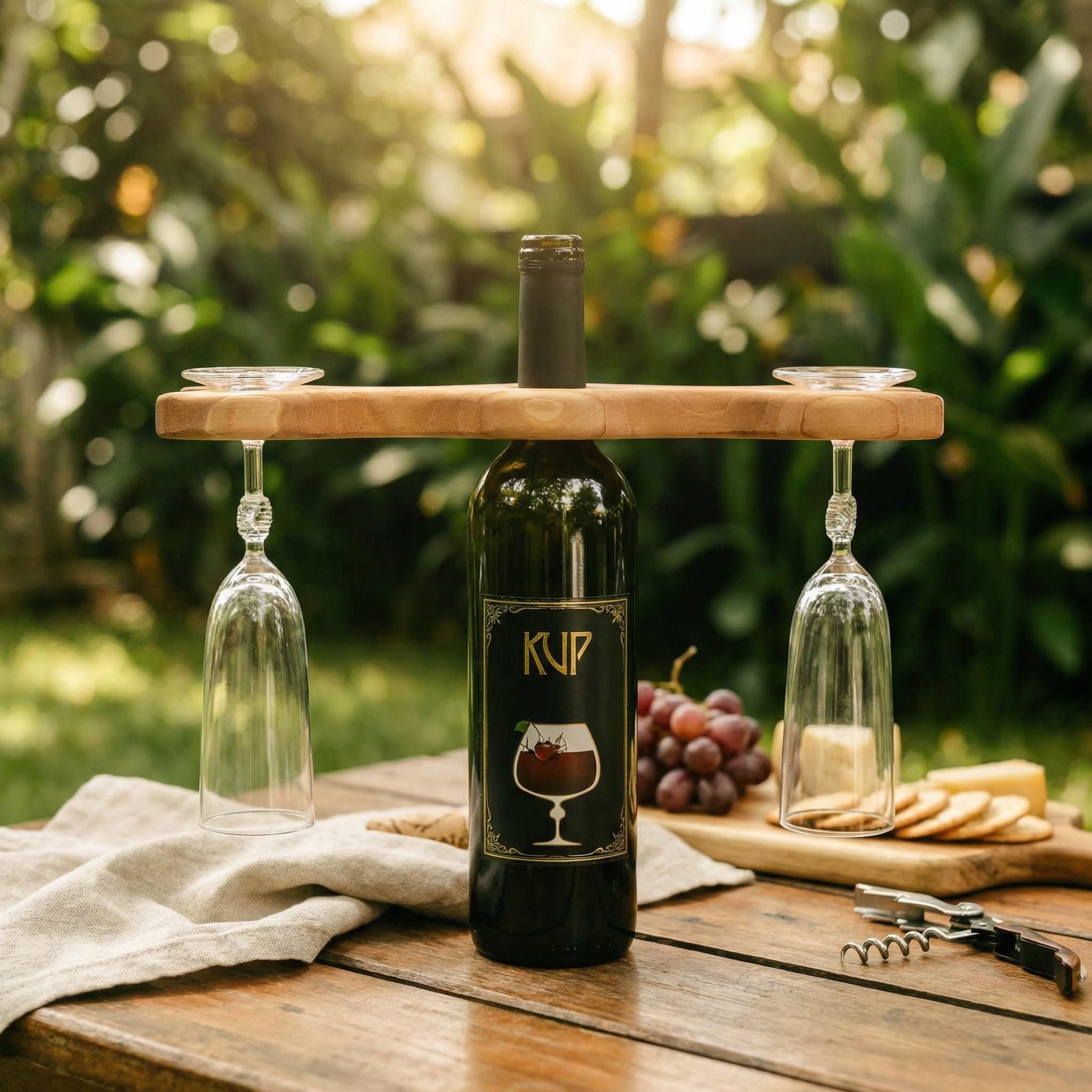 Walnut Wine Glass Holder for Bottle, Two Stemware Rack, Bar Cart Accessory Gift