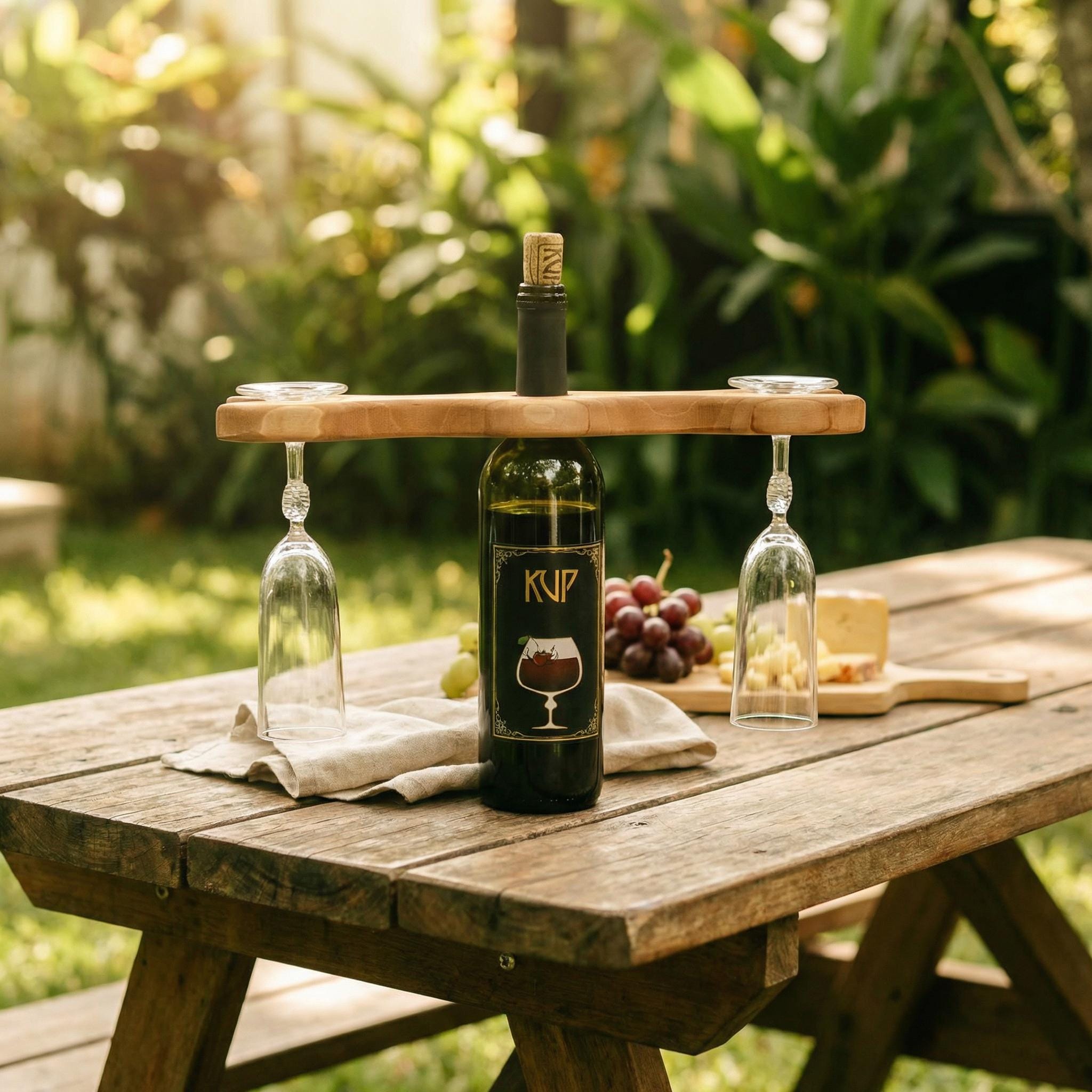 Walnut Wine Glass Holder for Bottle, Two Stemware Rack, Bar Cart Accessory Gift